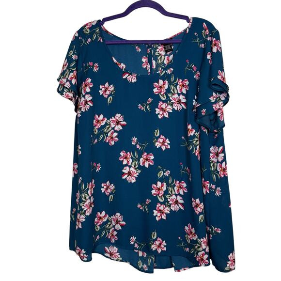 Torrid Navy blue and pink floral flutter short sleeve flowy blouse - 2X - Picture 1 of 4